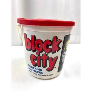 Vintage BLOCK CITY Plastic Block Building Set in Jug (incomplete) w/ LEGOs 1970s